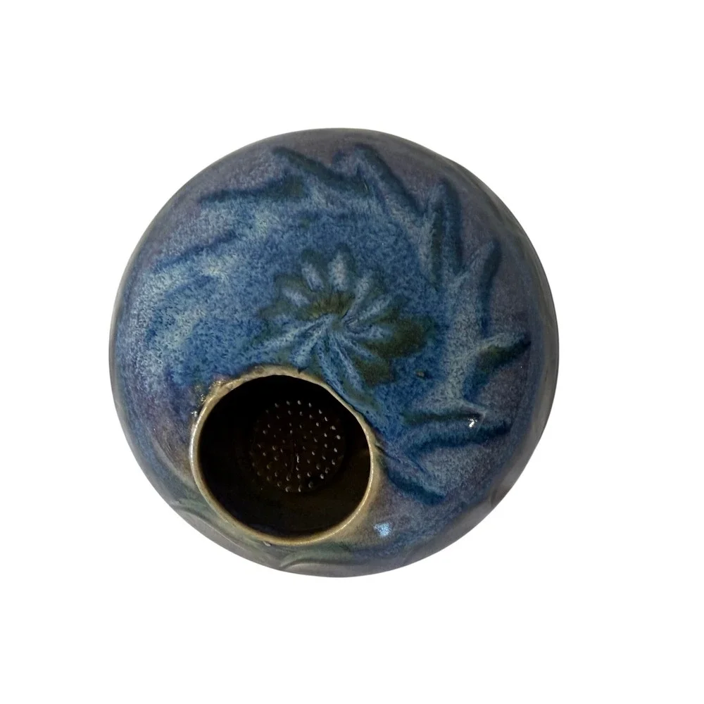 Signed Studio Art Pottery Ikebana Vase Blue Reactive Glaze Flower Frog Round